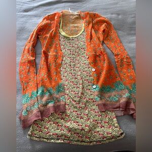 SUPER CUTE Free People Vintage Orange and Teal Cardigan with Yellow Multi Tank S